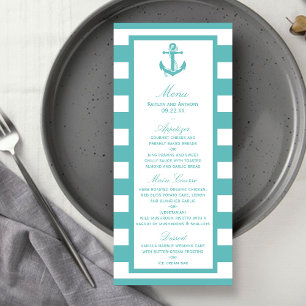 Türkisch-türkisfarbene Stripe Anchor Wedding Menu Werbekarte