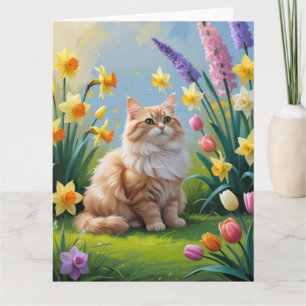 Türkische Angora-Katze Frühlingsblumen Malerei Karte