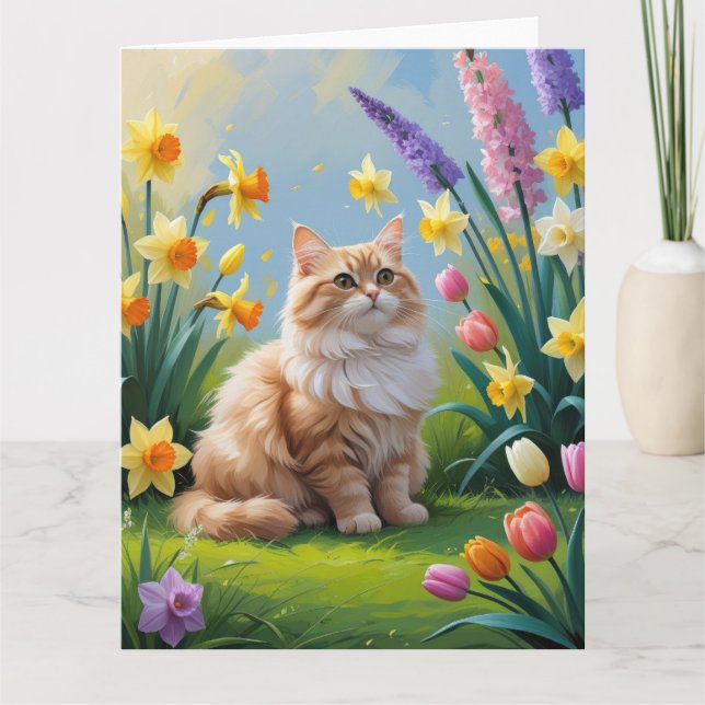 Türkische Angora Katze Frühlingsblumen Malerei Karte (Vorderseite)