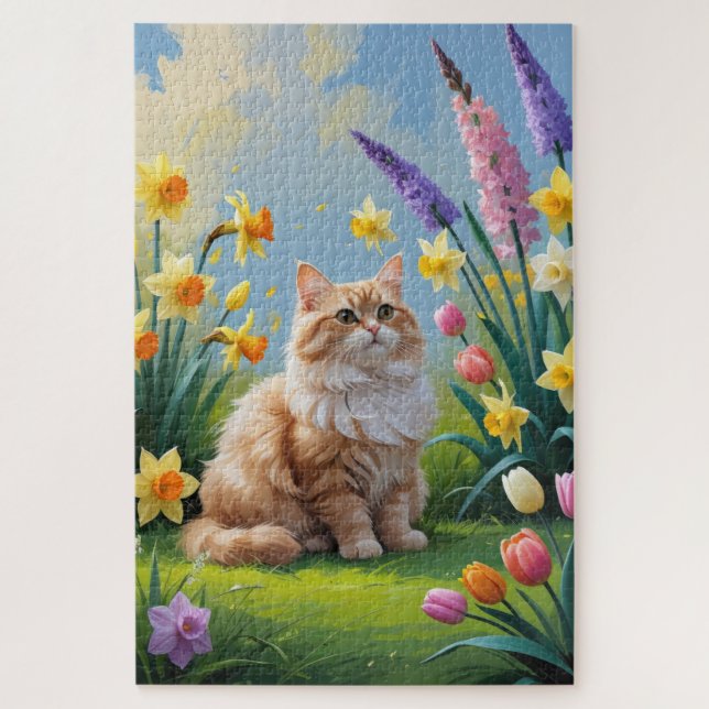 Türkische Angora Katze Frühlingsblumen Malerei Puzzle (Vertikal)