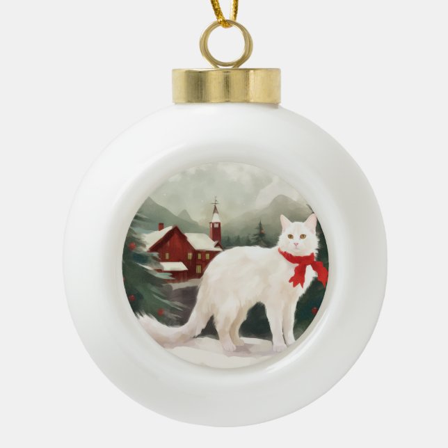 Türkische Angora Katze im Schnee Weihnachten Keramik Kugel-Ornament (Vorderseite)