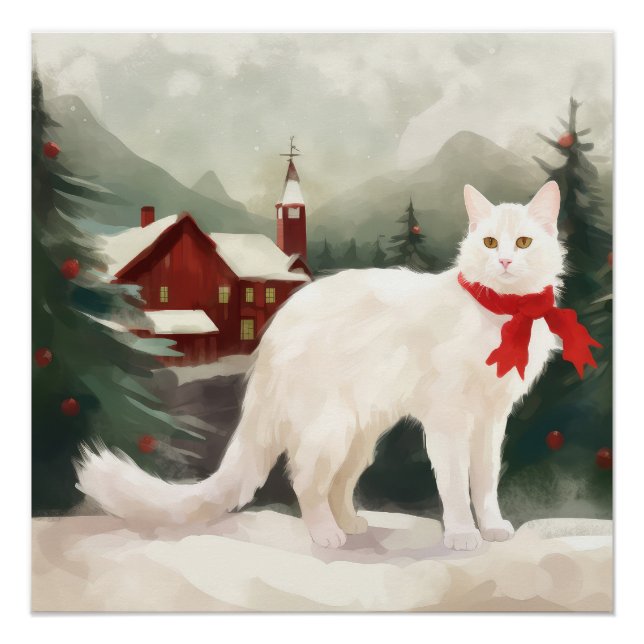 Türkische Angora Katze im Schnee Weihnachten Poster (Vorderseite)