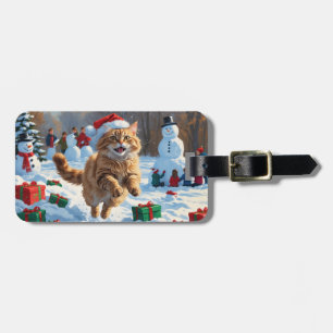 Türkische Angora-Katze läuft im Schnee Weihnachtsm Gepäckanhänger