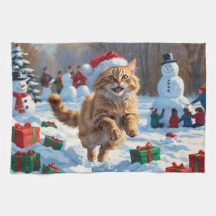 Türkische Angora Katze läuft in Schnee Weihnachtsh Geschirrtuch