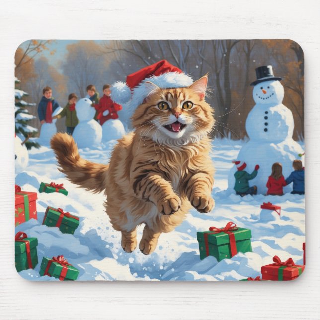 Türkische Angora Katze läuft in Schnee Weihnachtsh Mousepad (Vorne)