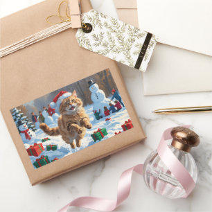 Türkische Angora Katze läuft in Schnee Weihnachtsh Rechteckiger Aufkleber