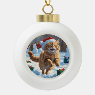Türkische Angora-Katze läuft in Schnee-Weihnachtsm Keramik Kugel-Ornament