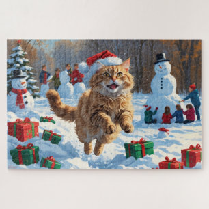 Türkische Angora-Katze läuft in Schneelippe Weihna Puzzle