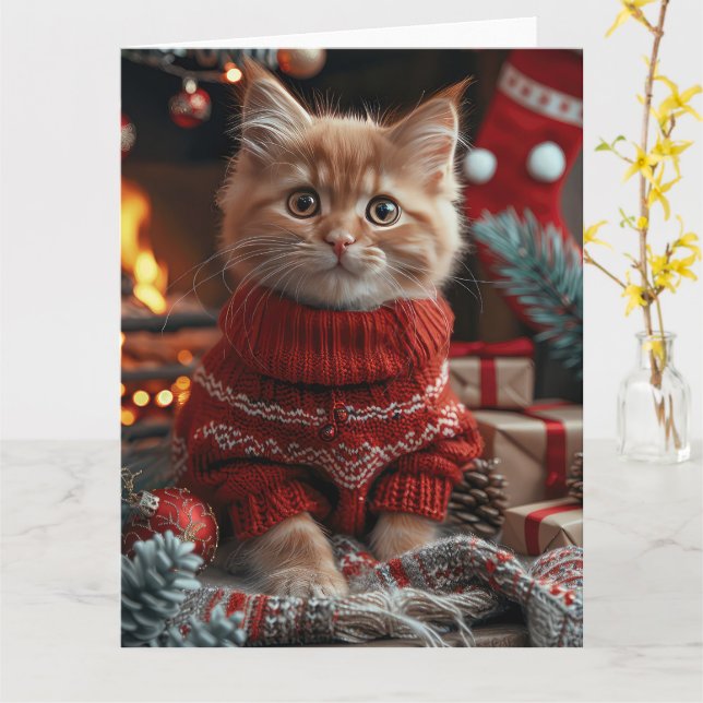 Türkische Angora Katze mit Weihnachtsgeschenken Fe Karte (Gelbe Blume)