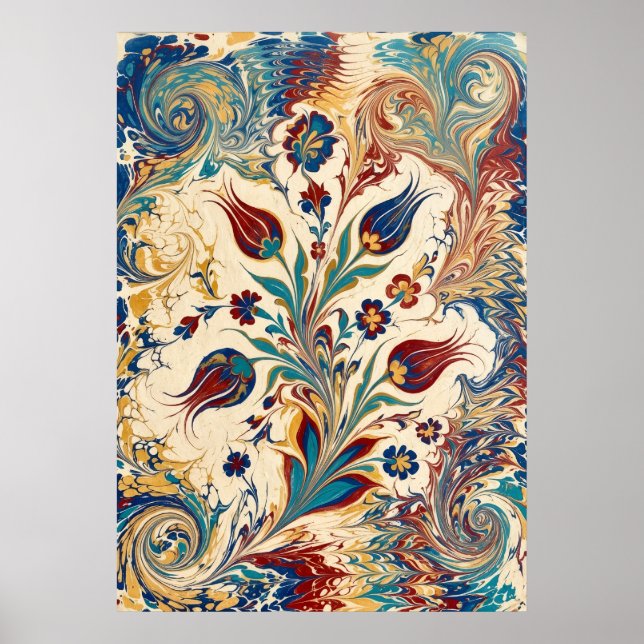 Türkische Ebru-Marmorierte Blumenwirbel-Kunst Poster (Vorne)