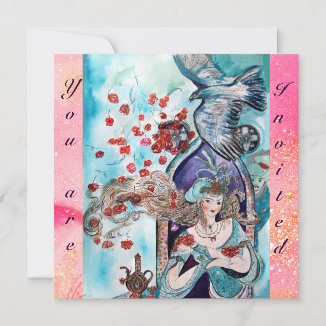 TÜRKISCHE FAIRE TALE, leuchtend rot-blau-pinke Gli Einladung (Vorderseite)