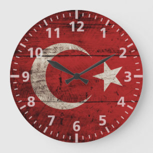 Türkische Flagge für altes Holzkorn Große Wanduhr