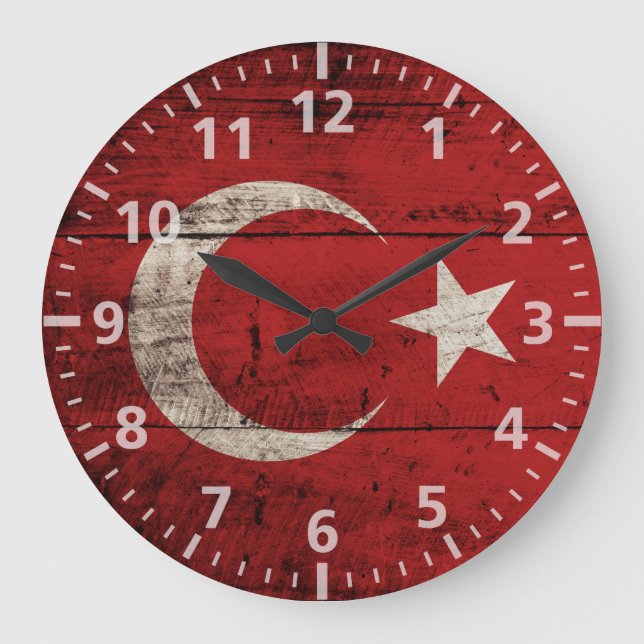 Türkische Flagge für altes Holzkorn Große Wanduhr (Vorderseite)