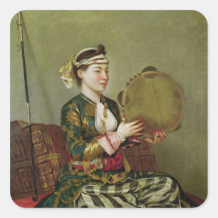 Türkische Frau mit Tambourine Quadratischer Aufkleber