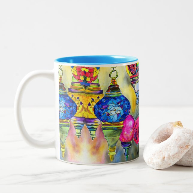 Türkische Lampen Mosaik Aquarell Kunst Zweifarbige Tasse (Mit Donut)