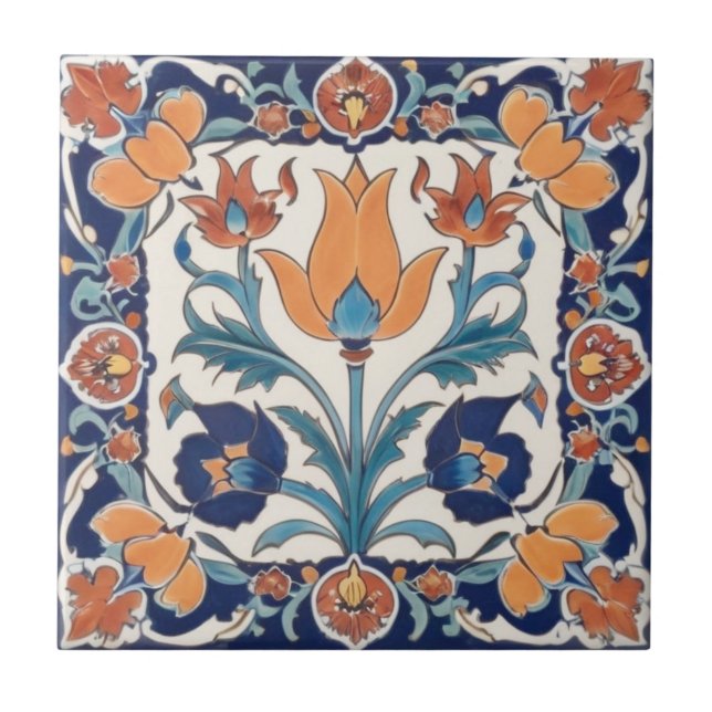 Türkische Verzierte Blumenblauer Orangen Grüne Blu Fliese (Vorderseite)