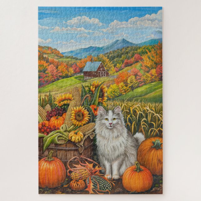 Türkischer Angora Kat Herbsternte Erntedank Puzzle (Vertikal)