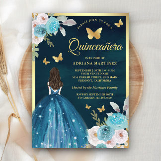 Türkisches Aquamarines Blumenschmetterling Gold Qu Einladung
