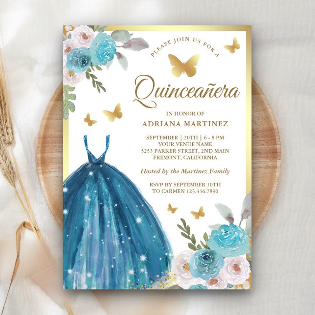 Türkisches Blumenkleid Butterfly Gold Quinceanera Einladung (Von Creator hochgeladen)