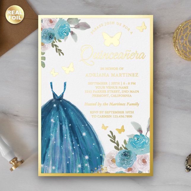 Türkisches Blumenkleid Butterfly Quinceanera Gold Folieneinladung (Von Creator hochgeladen)