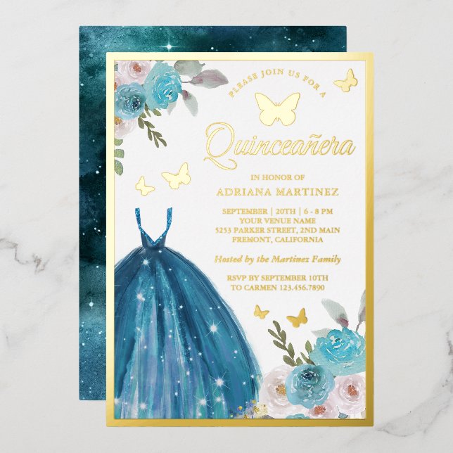 Türkisches Blumenkleid Butterfly Quinceanera Gold Folieneinladung (Vorderseite/Rückseite)