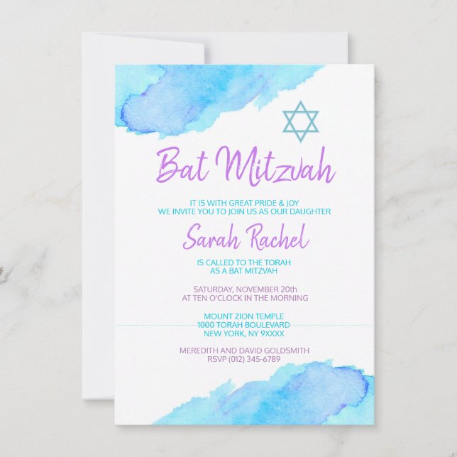 Türkisches Lila Bat Mitzvah Einladung (Vorderseite)