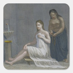 Türkisches Mädchen, das sich die Haare in den Bäde Quadratischer Aufkleber