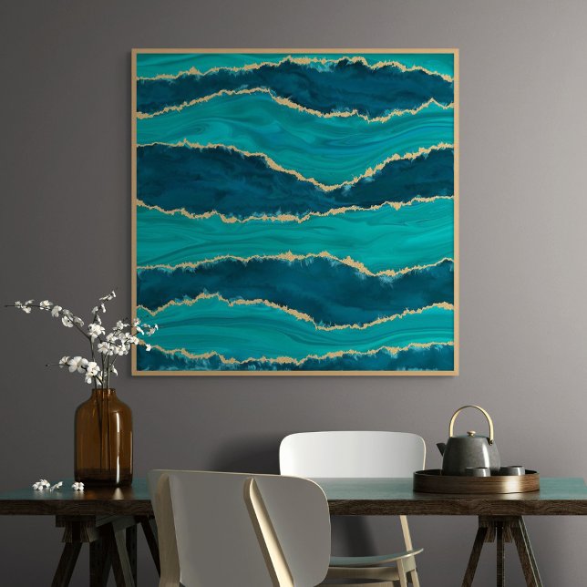 Türkise Achat Wellen – Abstrakter Marmor mit Gold Leinwanddruck (Teal Agate Waves – Abstract Marble with Gold)