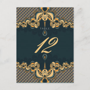 Türkise alternative Hochzeitsmenü- und Tischnummer