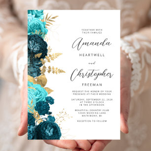 Türkise Aqua Blumen Gold Schrift Hochzeit Einladung