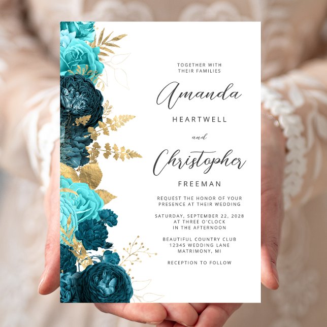 Türkise Aqua Blumen Gold Schrift Hochzeit Einladung (Von Creator hochgeladen)