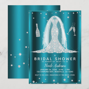 Türkise Aqua Glam Diamant Hochzeitskleid Brautpart Einladung