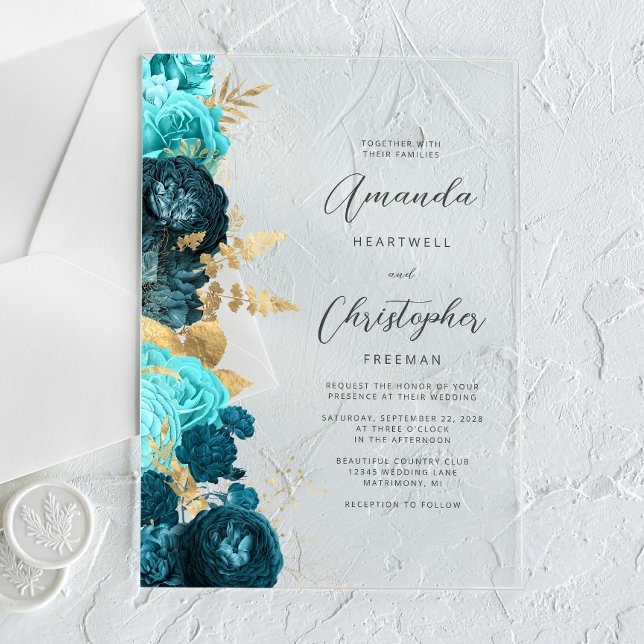 Türkise Aquagoldene Blumen-Script-Hochzeit Acryleinladungen (Von Creator hochgeladen)