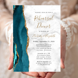 Türkise Blaue Gold Achat Hochzeitsprobe Abendessen Einladung