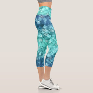 Türkise Blue Girly Mermaid Glitzer Scale-Muster Capri Leggings