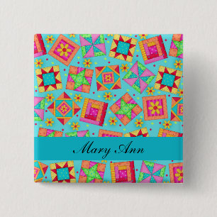 Türkise Blue Patchwork Quilt Blocks Name Abzeichen Button