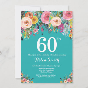 Türkise Blumen-Einladung zum 60. Geburtstag Einladung
