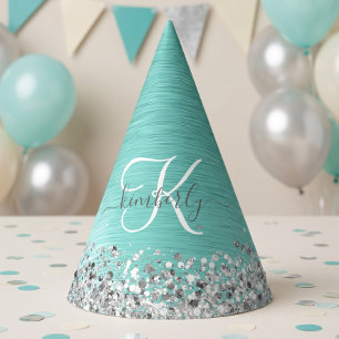 Türkise Bürstenmetall-Silber-Glitter-Monogramm-Nam Partyhütchen