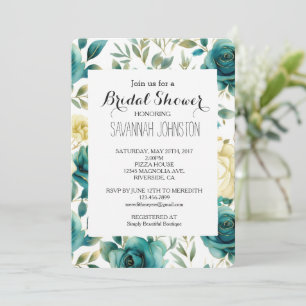 Türkise Creme-Rosen-Blumen-Brautparty Einladung