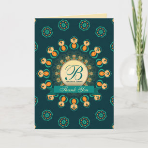 Türkise Dankeskarte mit Gold-Monogramm