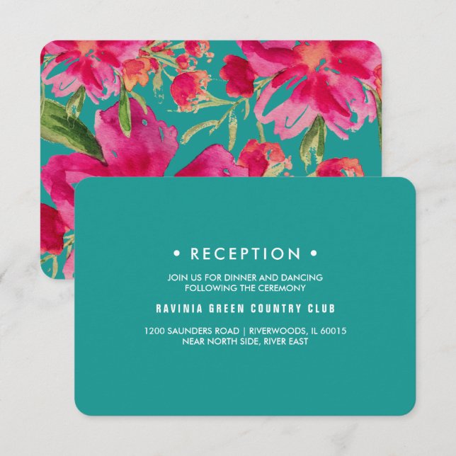 Türkise Fuchsia Floral Wedding Cards Einladung (Vorne/Hinten)