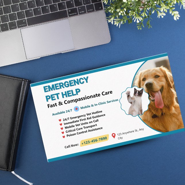 Türkise & Gelbe Notfall-Tierarztpraxis - Notfall Visitenkarte (Modern Veterinary Business Cards for Pet & Animal Care)