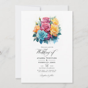 Türkise, gelbe und rosa Blumenhochzeit Einladung