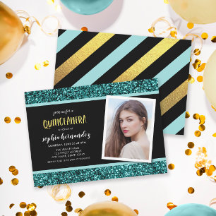 Türkise Glitter-Foto-Quinceanera-Einladung Einladung