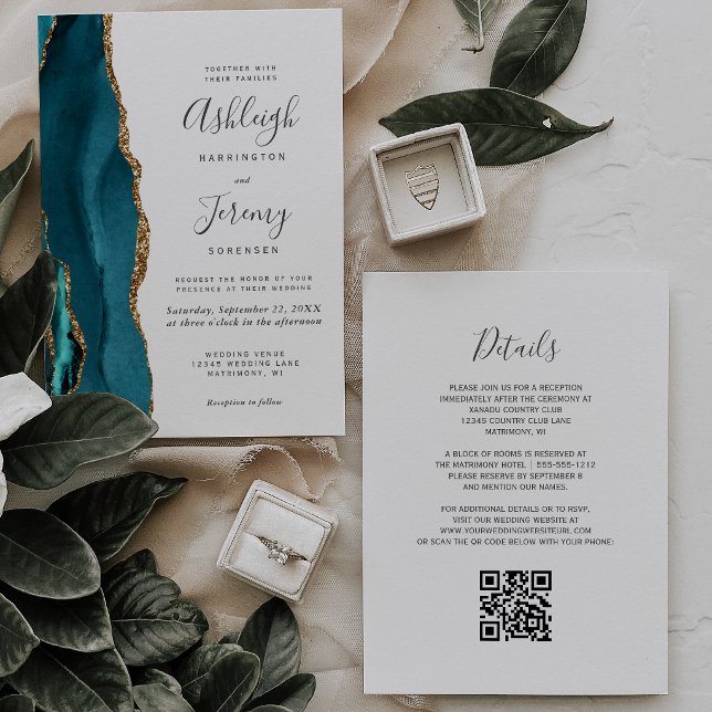 Türkise Gold-Achat-QR-Code-Hochzeit Einladung (Von Creator hochgeladen)