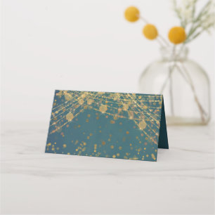 Türkise Gold Glitter Lichterkette Bokeh Platzkarte