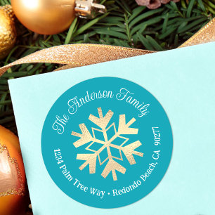 Türkise Gold Snowflake Modern Einfache Adresse Runder Aufkleber