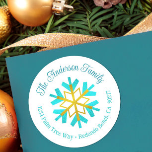 Türkise Gold Snowflake Modern Einfache Adresse Runder Aufkleber