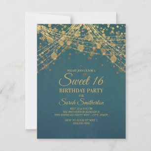 Türkise Goldene Glitzer-Lichterkette Sweet 16 Einladung