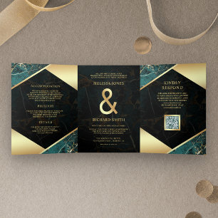 Türkise Goldmarmor-Empfangscodeschrift Hochzeit Dreifach Gefaltete Einladung